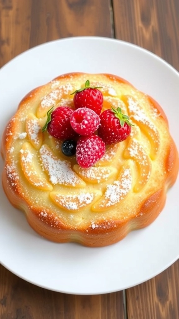 A fluffy cloud bread cake topped with powdered sweetener and fresh berries on a rustic table.